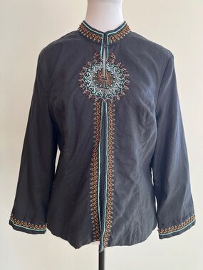 SARAH SPENCER 100% Linen Black Jacket Fully Lined Boho Turquoise Beaded Detail